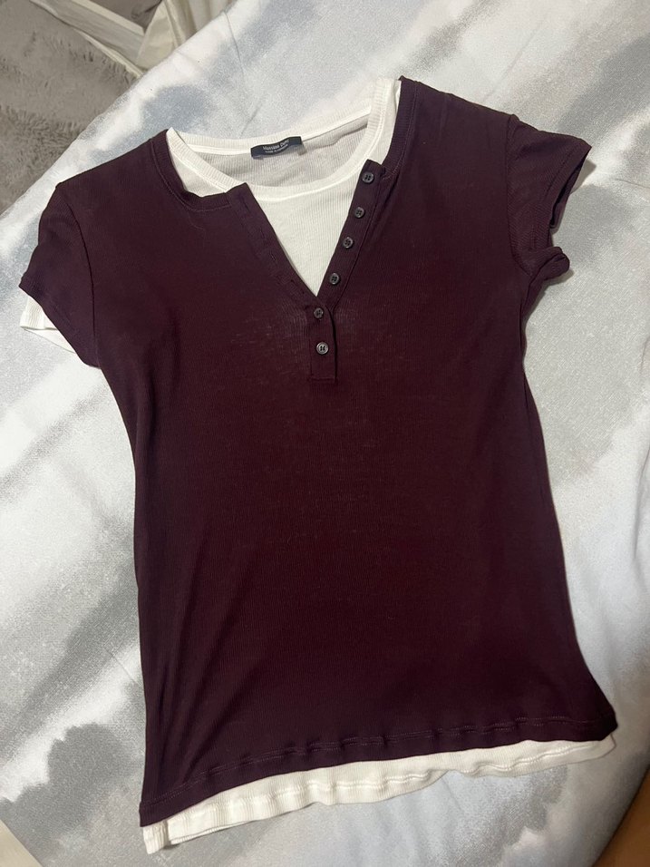 Bordo Düğmeli Kısa Kollu Kadın Tişört - Görsel 2