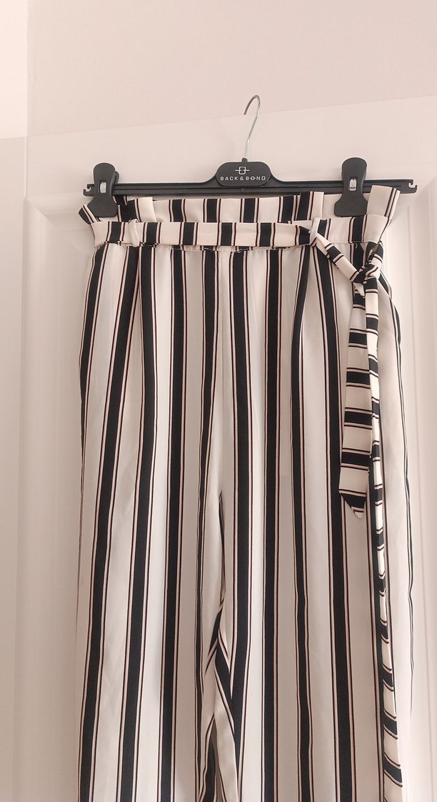 Kadın Çizgili Pilili Kumaş Pantolon - Görsel 2