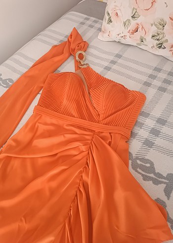 Turuncu Drapeli Uzun Abiye Elbise - Görsel 4