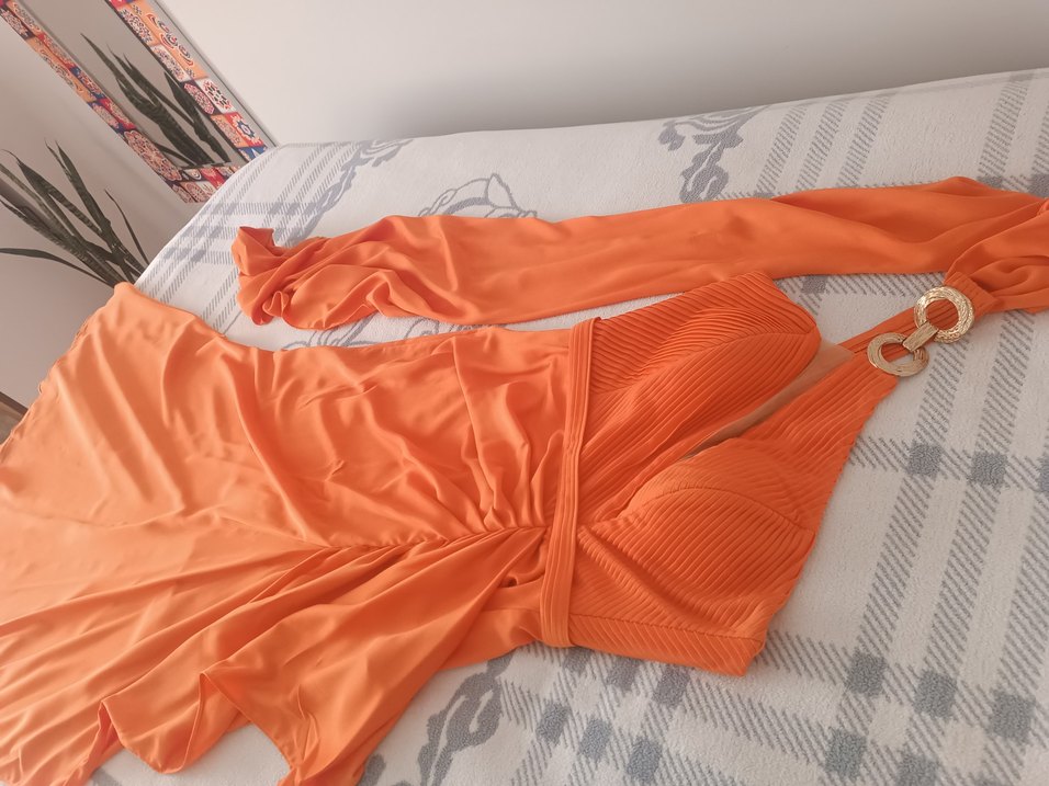 Turuncu Drapeli Uzun Abiye Elbise - Görsel 5