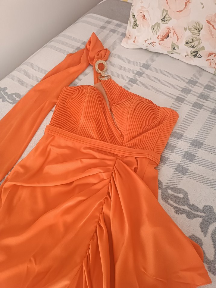 Turuncu Drapeli Uzun Abiye Elbise - Görsel 4