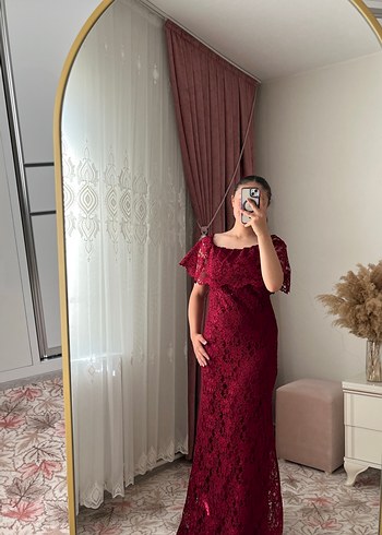 Bordo Dantelli Straplez Abiye Elbise