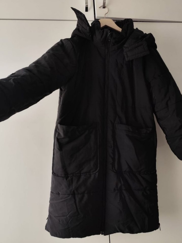 Siyah Uzun Kadın Kışlık Fermuarlı Mont - Görsel 2