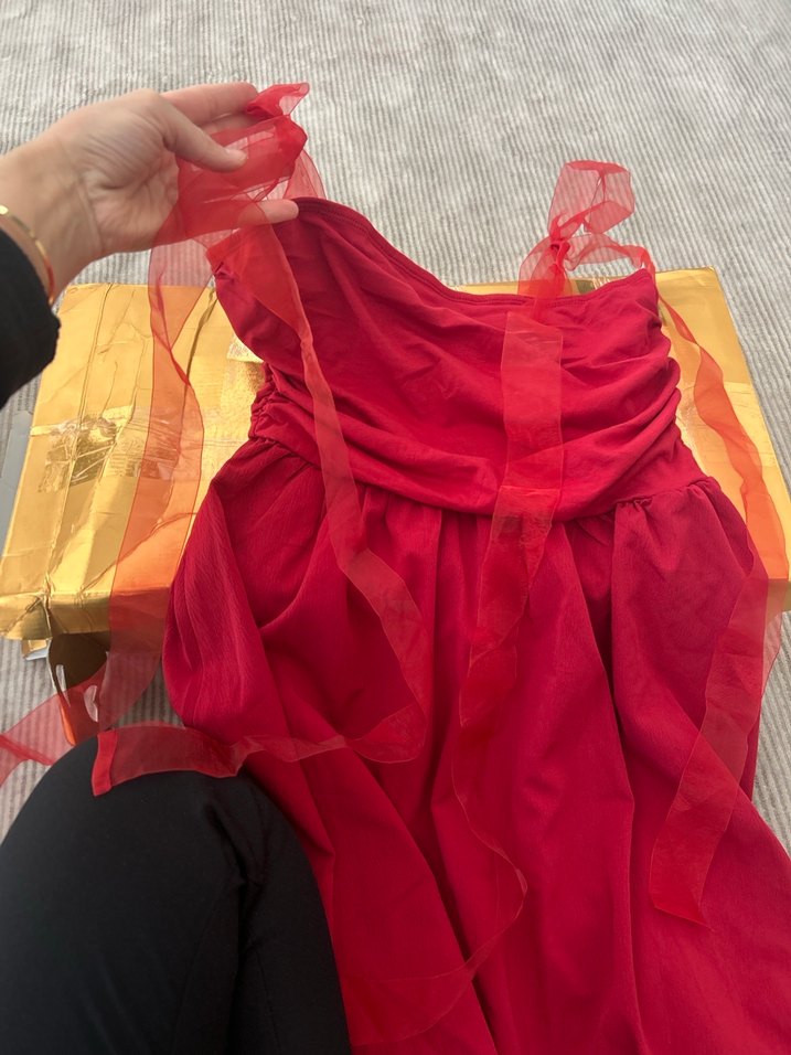 Kırmızı Drapeli Askılı Midi Elbise - Görsel 3