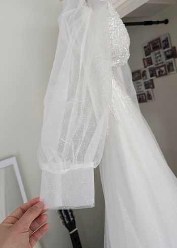 Uzun Kollu Straplez Beyaz A Kesim Gelinlik - Görsel 3