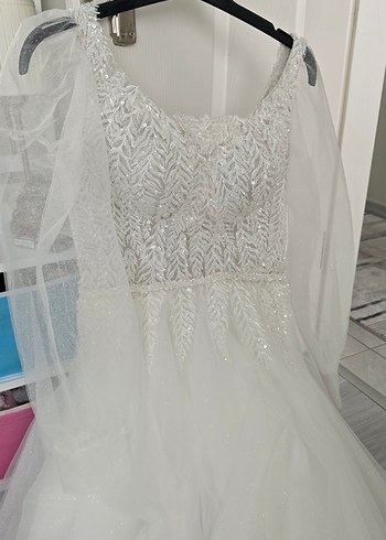 Uzun Kollu Straplez Beyaz A Kesim Gelinlik - Görsel 7