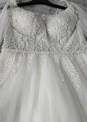 Uzun Kollu Straplez Beyaz A Kesim Gelinlik - Görsel 5