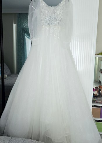 Uzun Kollu Straplez Beyaz A Kesim Gelinlik - Görsel 12