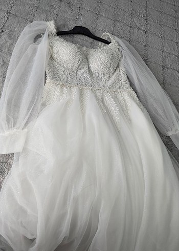 Uzun Kollu Straplez Beyaz A Kesim Gelinlik - Görsel 4