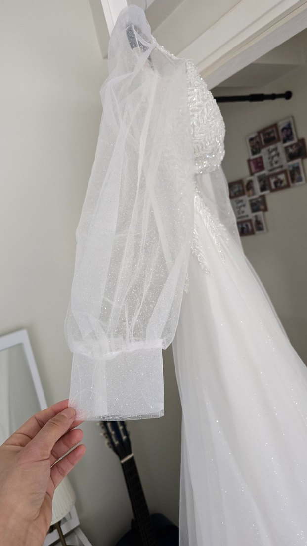 Uzun Kollu Straplez Beyaz A Kesim Gelinlik - Görsel 3