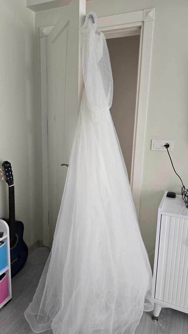 Uzun Kollu Straplez Beyaz A Kesim Gelinlik - Görsel 2