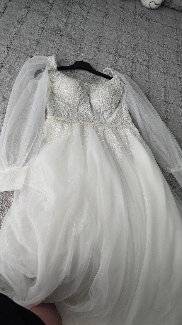 Uzun Kollu Straplez Beyaz A Kesim Gelinlik - Görsel 4