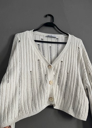 Zara Beyaz Örgü V Yaka Mini Hırka - Görsel 2