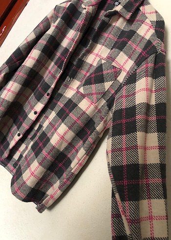 Pembe Gri Ekose Düğmeli Kadın Gömlek - Görsel 2