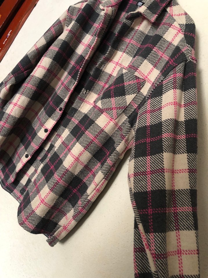 Pembe Gri Ekose Düğmeli Kadın Gömlek - Görsel 2