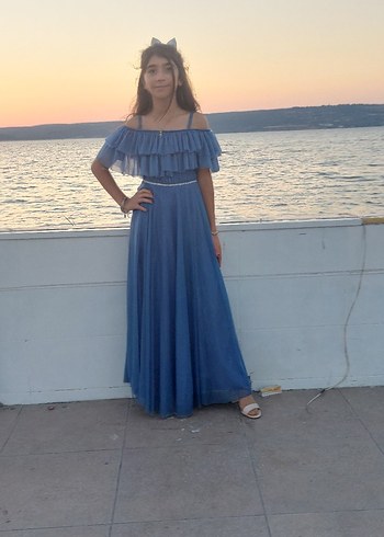 xs Beden Mavi Pilili Uzun Straplez Bohem Abiye Elbise