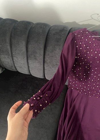 xl Beden Boncuk İşlemeli Mor Uzun Abiye Elbise