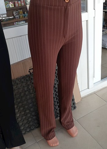 Kahverengi Pilili Kadın Kumaş Pantolon - Görsel 3