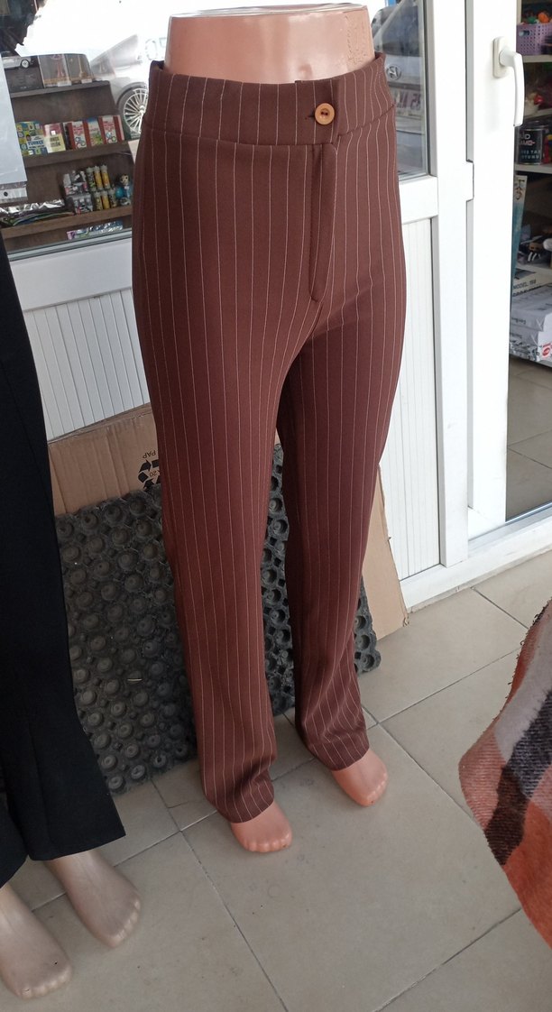 Kahverengi Pilili Kadın Kumaş Pantolon - Görsel 2