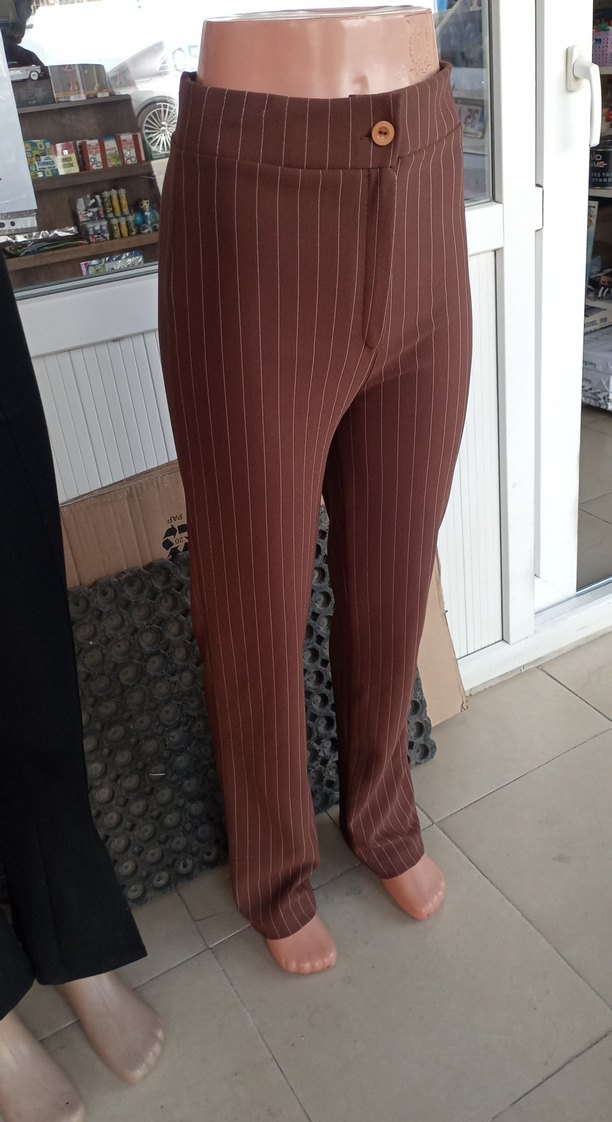 Kahverengi Pilili Kadın Kumaş Pantolon - Görsel 3