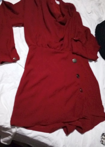 Bordo Düğmeli Midi Rahat Kesim Kadın Elbise