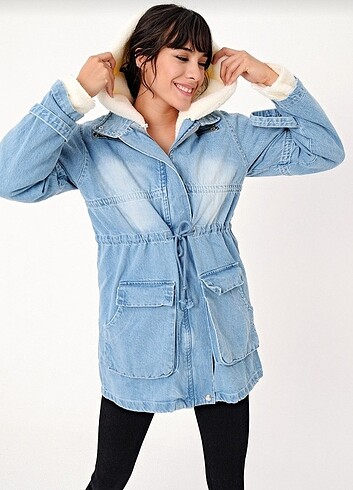 Peluş Kapüşonlu Denim Kaban