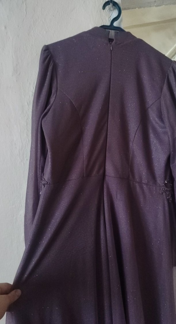 Uzun Kollu Mor Nakışlı Kadın Abiye Elbise - Görsel 5