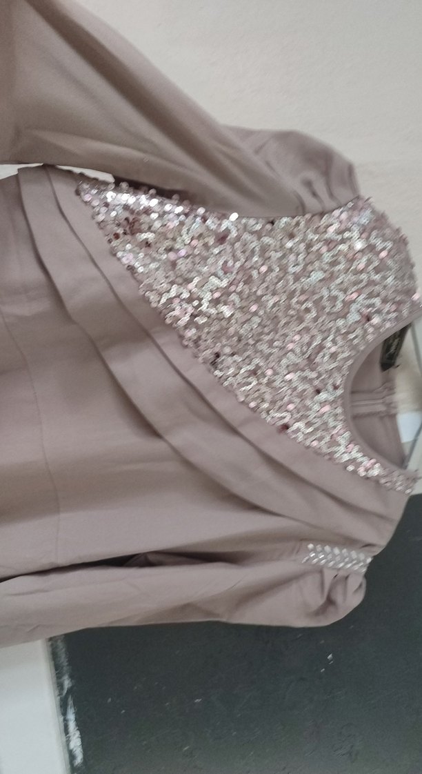 Uzun Kollu Drapeli Bej Abiye Elbise - Görsel 3