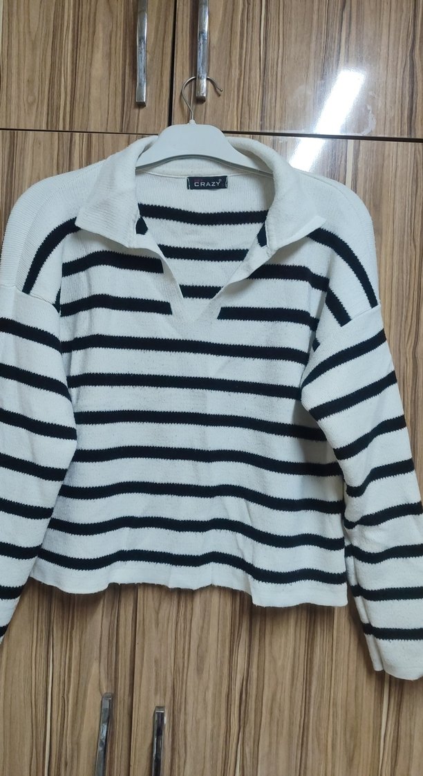 Çizgili Beyaz Gri Triko Kadın Kazak - Görsel 2