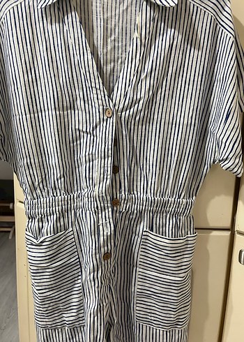 Çizgili Kısa Kollu Keten Kadın tulum - Görsel 2