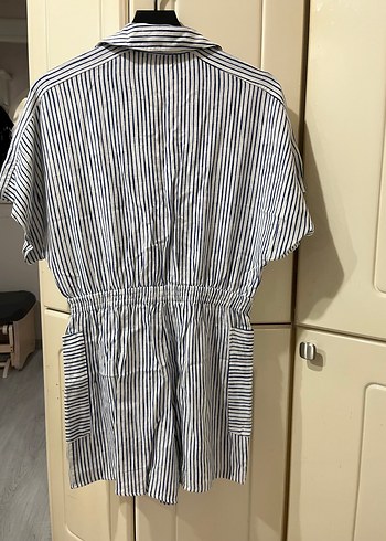 Çizgili Kısa Kollu Keten Kadın tulum - Görsel 4