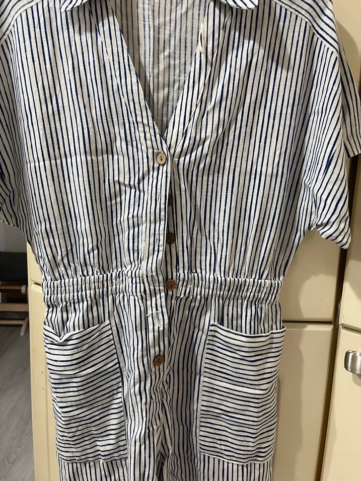 Çizgili Kısa Kollu Keten Kadın tulum - Görsel 2