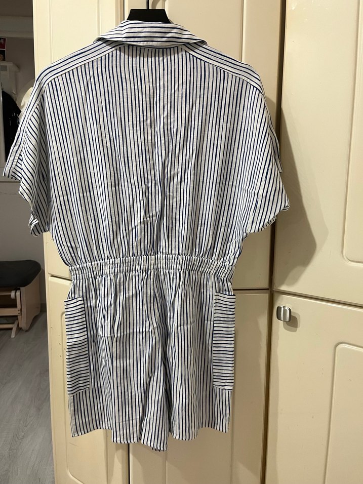 Çizgili Kısa Kollu Keten Kadın tulum - Görsel 4