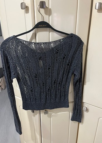 Gri Örgü Kısa Kadın Kazak - Görsel 4