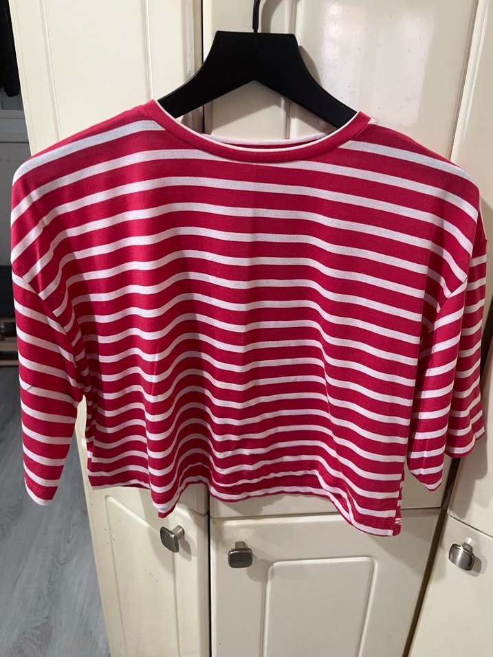 Pembe Çizgili Uzun Kollu Kadın Tişört - Görsel 3