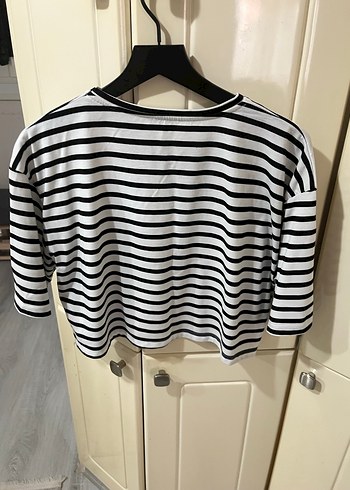 Kadın Beyaz Gri Çizgili Pamuklu Bluz - Görsel 3