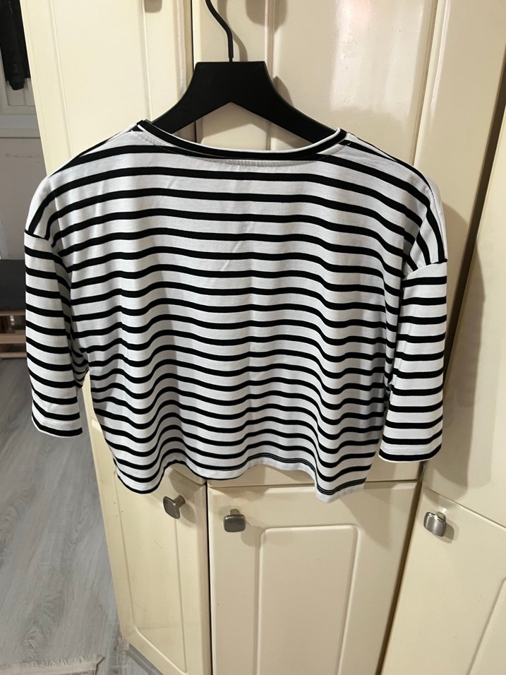 Kadın Beyaz Gri Çizgili Pamuklu Bluz - Görsel 3