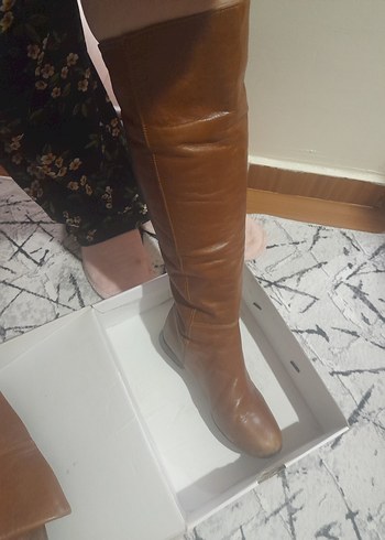 Bej Deri Kadın Dizüstü Botlar - Görsel 2