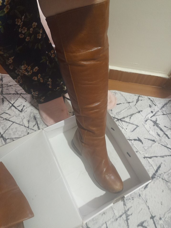 Bej Deri Kadın Dizüstü Botlar - Görsel 2