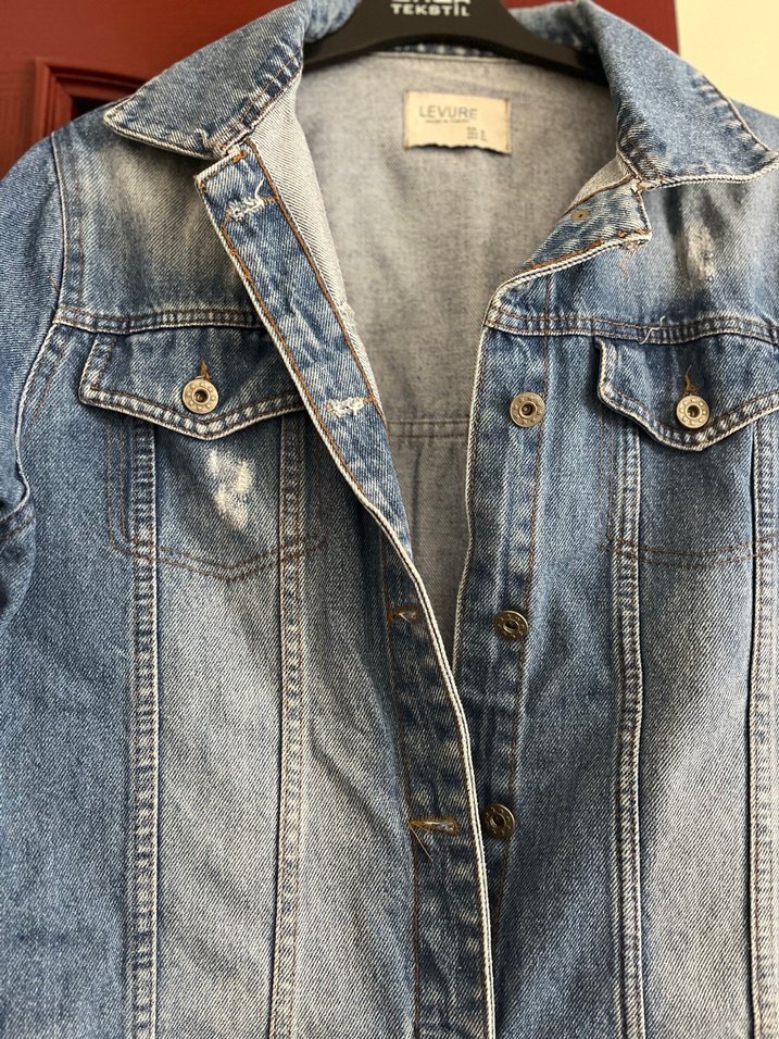 Uzun Kollu Düğmeli Mavi Denim Ceket - Görsel 3