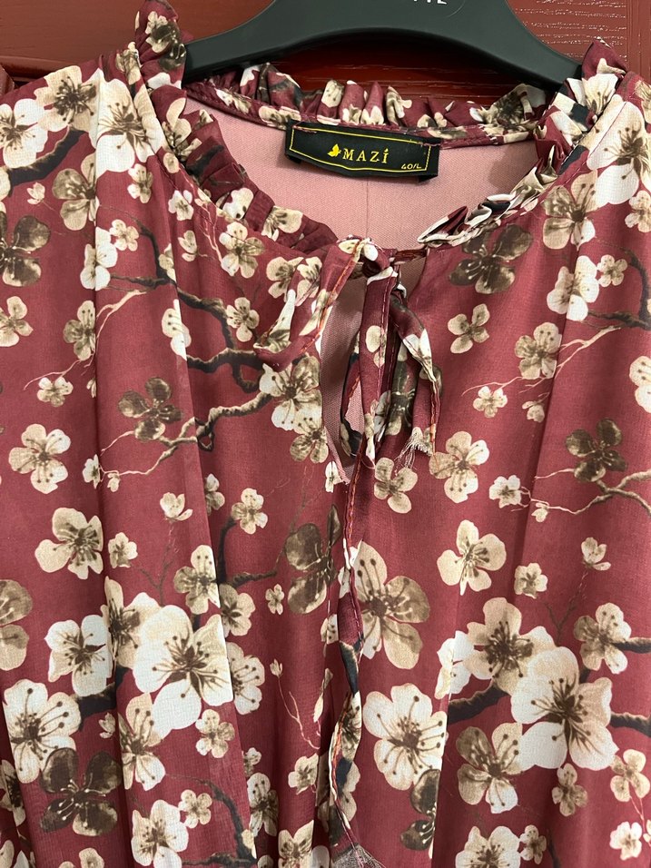 Bordo Çiçek Desenli Uzun Kollu Bohem Elbise - Görsel 4