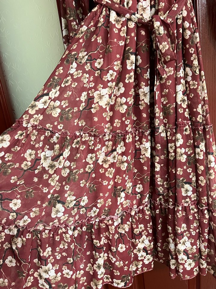 Bordo Çiçek Desenli Uzun Kollu Bohem Elbise - Görsel 2