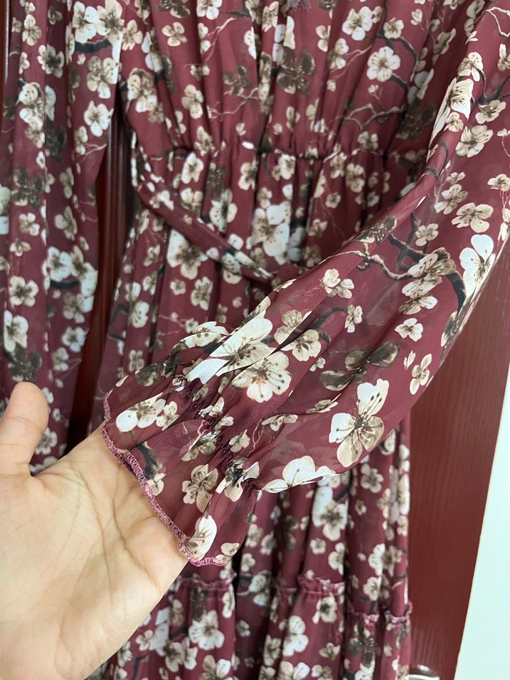 Bordo Çiçek Desenli Uzun Kollu Bohem Elbise - Görsel 3