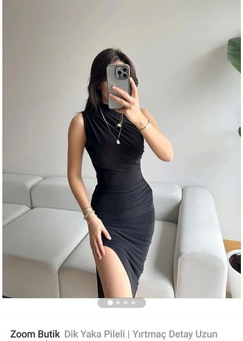 Zoom Butik Siyah Dik Yakalı Uzun Elbise