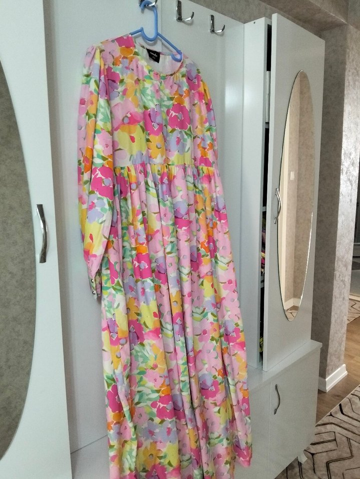 Renkli Bohem Uzun Kollu Fırfırlı Elbise standart beden - Görsel 2