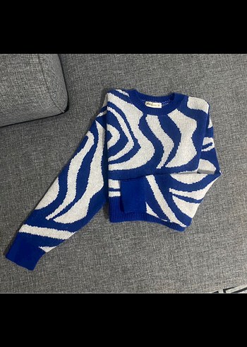 Mavi Zebra Desenli Örgü Kadın Kazak
