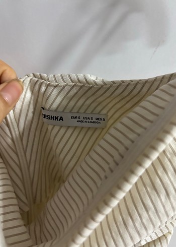 Beyaz Çizgili Straplez Mini Keten Elbise - Görsel 2