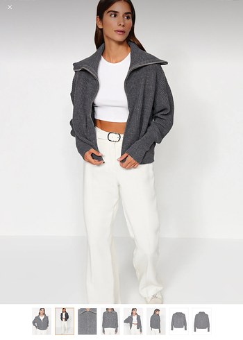 Gri Yüksek Yakalı Bol Kesim Triko hırka - Görsel 2