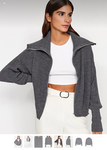 Gri Yüksek Yakalı Bol Kesim Triko hırka - Görsel 4