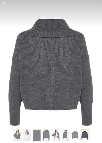 Gri Yüksek Yakalı Bol Kesim Triko hırka - Görsel 7